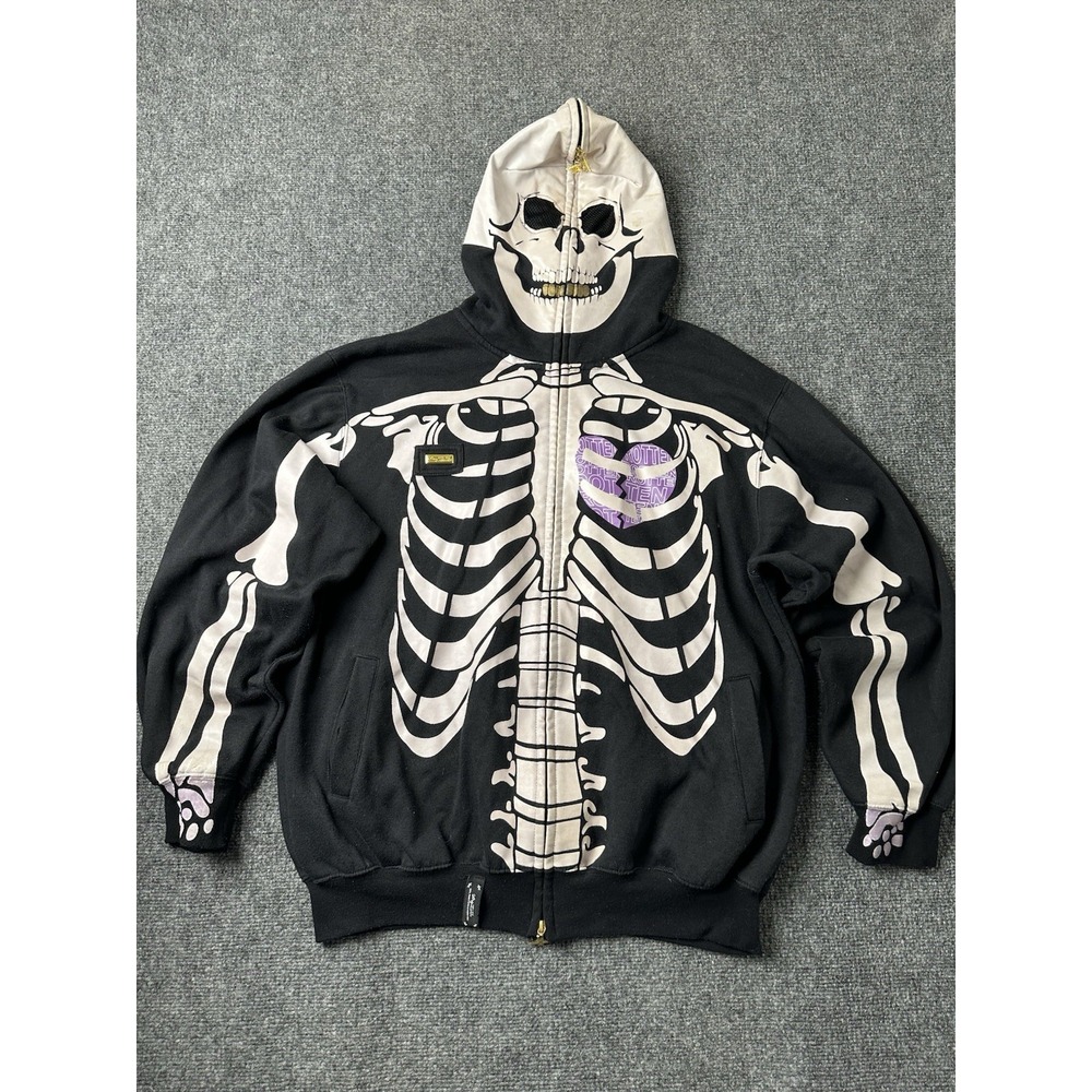 Mens LRG Dead Serious Skeleton Full Zip Hoodie Black, Size 2XL